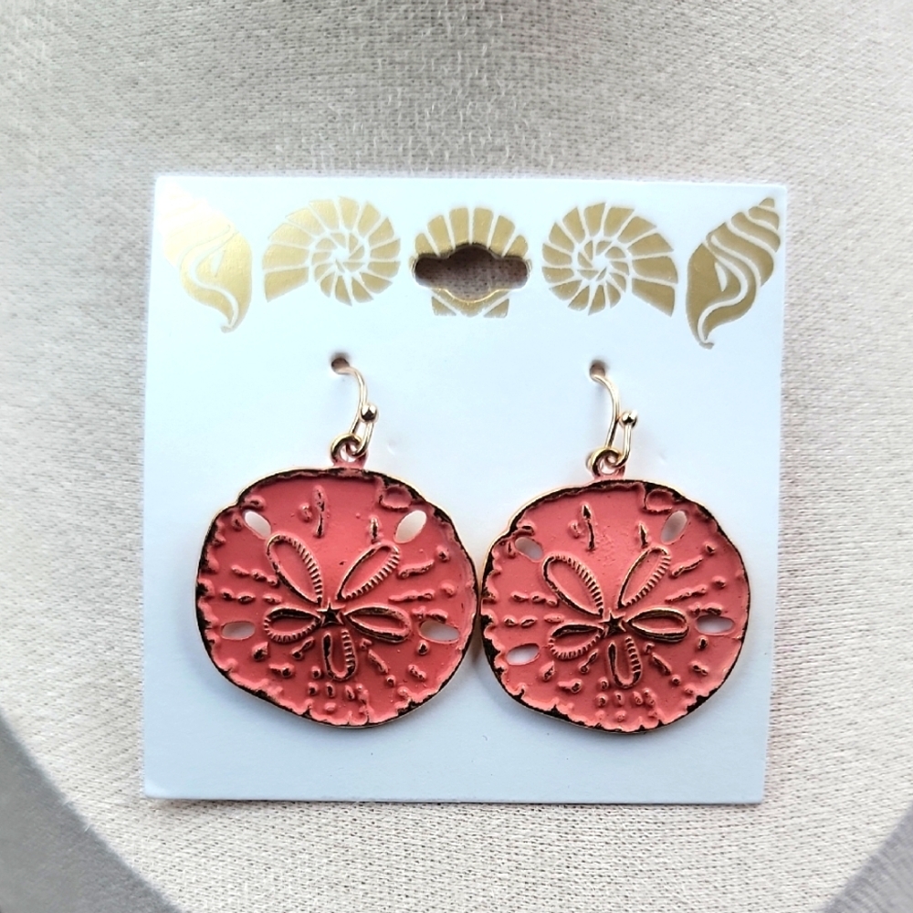 Gold Tone and Pink Sand Dollar Beach Style Earrings